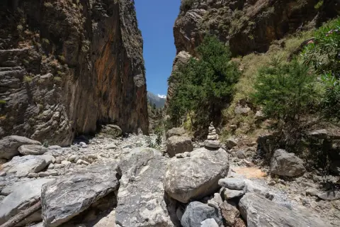 Sentier rocailleux dans les gorges de Franchard, entre falaises abruptes et végétation méditerranéenne. Un cairn marque le chemin.