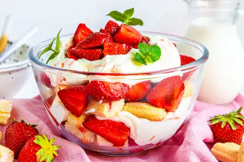 Erdbeer-Trifle im Glas, ein köstliches wilde hilde rezept mit frischen Erdbeeren, Biskuit und Sahne.