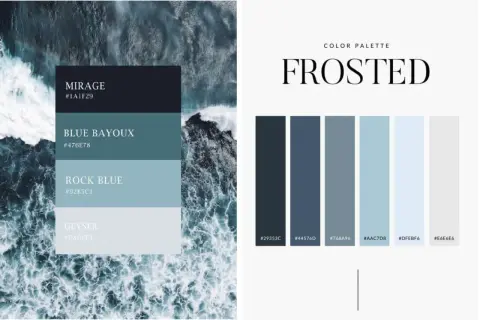 Palette "Frosted" con tonalità blu e grigio che stanno bene insieme, ispirata a onde marine e spruzzi d'acqua.