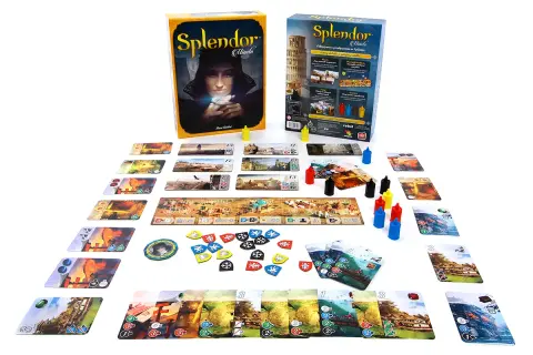 Plansza i karty gry "Splendor Miasta" ukazują splendor miasta, zapraszając do budowania i rozwoju.