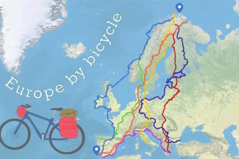 Mapa de Europa con rutas ciclistas de EuroVelo 7 y otras. Bicicleta de viaje con alforjas.