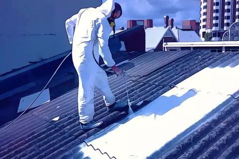 Trabajador con traje protector aplica pintura para uralita en un tejado.