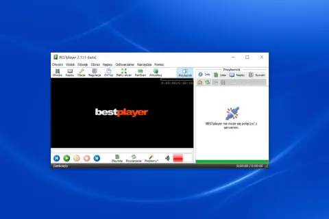 Okno programu BESTplayer z czarnym ekranem i logo, komunikat o braku połączenia z serwerem.