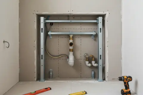 Montaż spłuczki w ścianie: metalowy stelaż, instalacja wodno-kanalizacyjna, poziomice i wkrętarka.