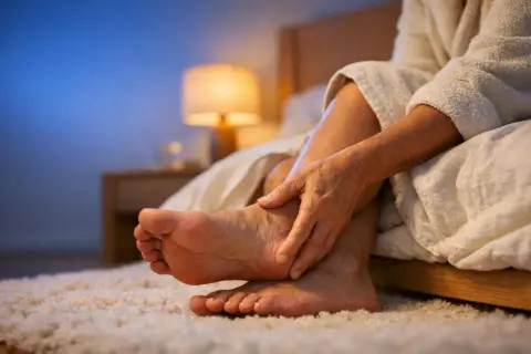 Una persona si massaggia i piedi, forse a causa di parestesie. La scena è ambientata in camera da letto, con luce soffusa.