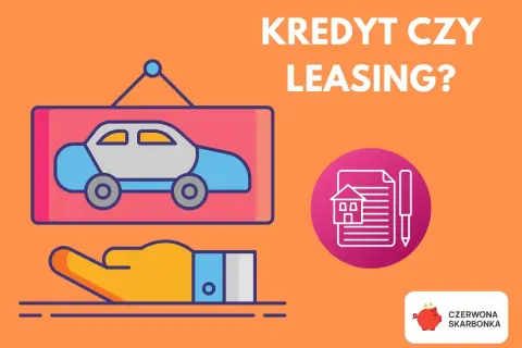 Kredyt czy leasing? Wybierz najlepszą opcję finansowania auta na raty. Ikony samochodu, ręki i dokumentów.