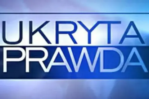 Logo "Ukryta Prawda" z białymi literami na niebieskim tle.