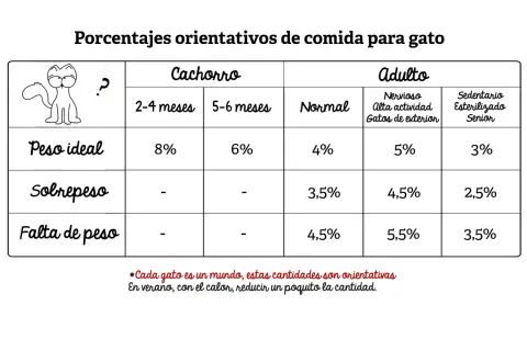 Tabla de alimento para gatos con porcentajes según edad y actividad. Incluye cachorros, adultos normales, activos, sedentarios y seniors.