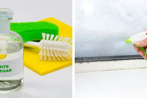 Nettoyer colle carrelage vinaigre blanc : une bouteille de vinaigre blanc et des accessoires de nettoyage, puis une main pulvérisant du vinaigre sur une fenêtre sale.