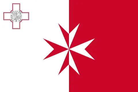 Flaga Malty: biało-czerwona z krzyżem maltańskim i herbem.