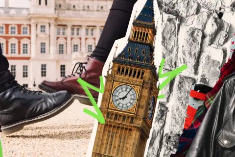 A collage capturing the london aesthetic: boots, Big Ben, stone wall, and a leather jacket.