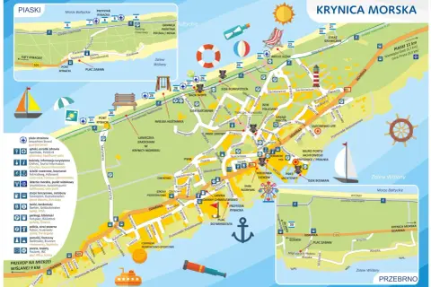 Mapa Krynicy Morskiej z zaznaczonymi atrakcjami dla dzieci: plac zabaw, park rozrywki, plaża strzeżona, ścieżki rowerowe.