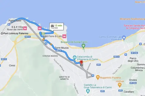Trasa z Palermo do Carini, z postojem w B&B Fiore di Loto. Podróż trwa 12 minut, pokonując 10,2 km. Mediolan Bergamo to nie ten region, ale podróż po Sycylii jest równie fascynująca.