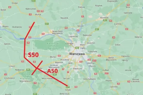 Trasa S50 okrąża Warszawę, łącząc drogi krajowe i ekspresowe. Na mapie zaznaczono jej przebieg na czerwono.