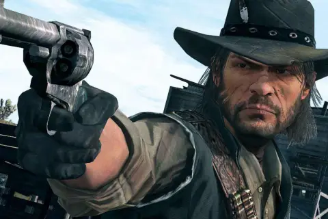 John Marston z RDR1 remaster celuje z rewolweru, gotów do akcji na Dzikim Zachodzie.