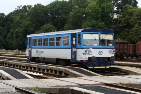 Niebiesko-biały pociąg České dráhy na torach, w tle drzewa. Może to być widok z granicy polsko czeskiej.