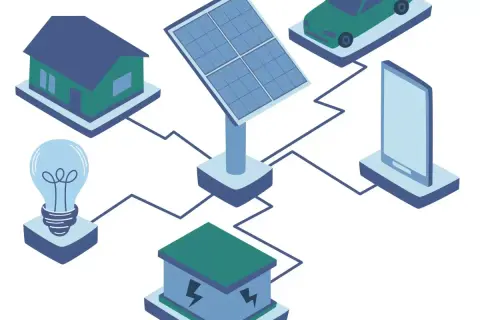 Ilustracja pokazuje, jak powstaje prąd: panel słoneczny zasila dom, samochód elektryczny, smartfon i żarówkę.