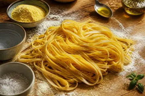 Un plat italien de pâtes fraîches, prêt à être cuisiné. Des ingrédients simples : farine, œufs, sel, huile d'olive et basilic.