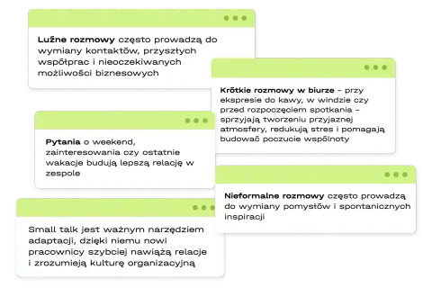 Luźne rozmowy, pytania o weekend i small talk budują relacje i sprzyjają wymianie pomysłów. Komentarze te podkreślają znaczenie nieformalnych rozmów w pracy.