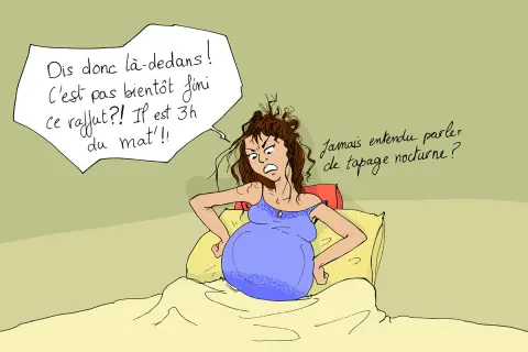 Grossesse : une femme insomniaque, réveillée par les mouvements du bébé, s'exclame "Jamais entendu parler de tapage nocturne ?". Fille ou garçon, le bébé fait la fête !
