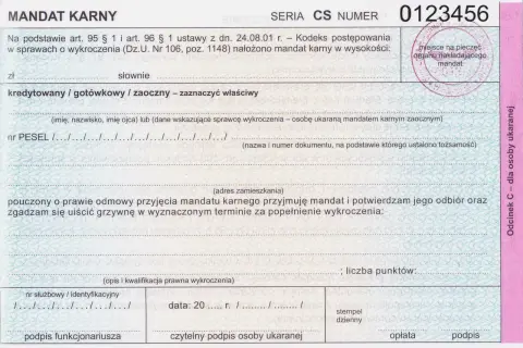Formularz mandatu karnego, który może być podstawą do napisania odwołania od mandatu.