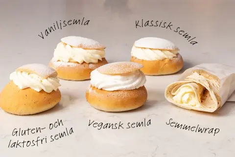 Fem olika semlor, inklusive klassisk, vanilj, gluten- och laktosfri, vegansk semla och en semmelwrap. Semla ursprung i fokus.