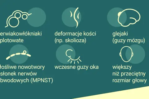Objawy neurofibromatozy: nerwiakowłókniaki, deformacje kości, glejaki, guzy oka, MPNST, większa głowa.