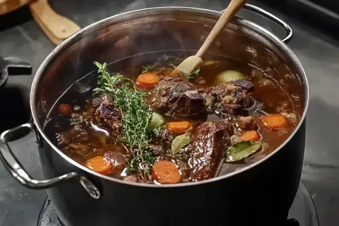 En stor gryta med kött, morötter och örter som puttrar. Det ser ut som att någon ska koka kalkon eller en mustig gryta.