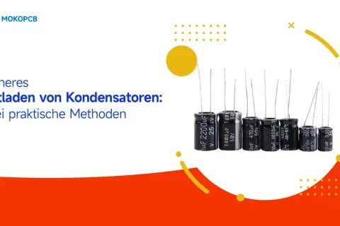 Mehrere Elektrolytkondensatoren, bereit für das sichere Entladen. Die Beschriftung "Sicheres Entladen von Kondensatoren" weist auf die Thematik hin.