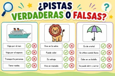 Un juego de pistas preparado con un barco, un león y un paraguas. Los niños deben decidir si las afirmaciones sobre cada imagen son verdaderas o falsas.