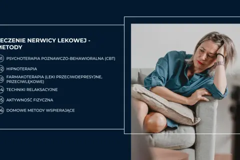 Kobieta zmartwiona na kanapie. Obok lista metod leczenia nerwicy lękowej, w tym psychoterapia poznawczo-behawioralna.