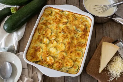 Un plat de gratin de courgettes doré et appétissant, prêt à être dégusté. Des courgettes fraîches, une béchamel crémeuse et du fromage râpé pour un délice.