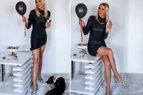 Elegancka czarna sukienka, wążowe szpilki i balon – idealny zestaw, jak się ubrać na 18 syna.