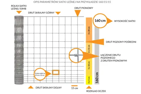 Schemat ogrodzenia z siatki leśnej, pokazujący jej budowę, wymiary i rozkład oczek. Siatka ma wysokość 160 cm.