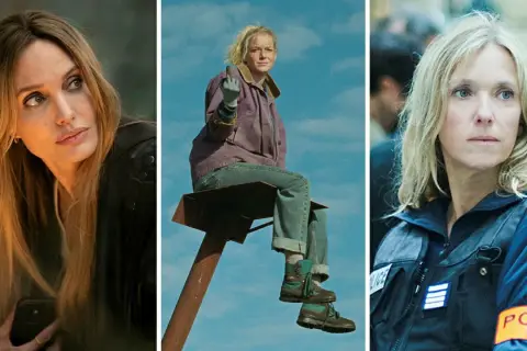 Tre kvinnor i filmer med Angelina Jolie. En sitter på en stolpe och visar finger, en annan är polis.