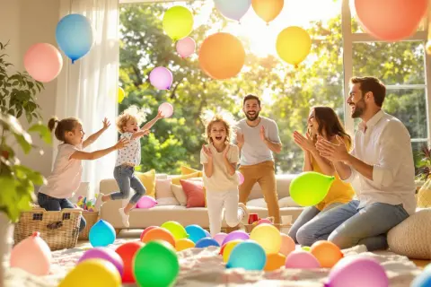 Radosna rodzina świętuje, dzieci skaczą wśród kolorowych balonów, jakby brały udział w wyścigu balonów.