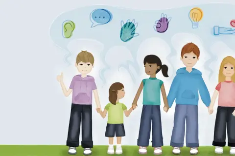 Vijf kinderen houden elkaars hand vast, met symbolen van communicatie en begrip boven hun hoofd. Ze leren over omgaan met mensen.