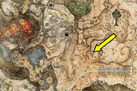 Mapa Elden Ring. Żółta strzałka wskazuje na punkt na mapie, gdzie można spotkać Melinę.