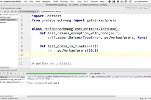 Exemple de test unitaire en Python dans PyCharm. Le code vérifie le bon fonctionnement de la fonction `getVerkaufpreis`.