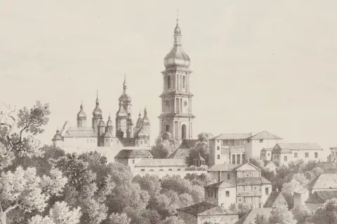 Dawny widok Kijowa z cerkwiami i wieżą. Ile lat ma Ukraina? Tysiące lat historii w tej rycinie.