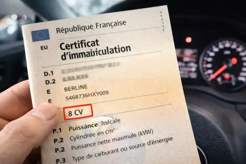 Certificat d'immatriculation français montrant "8 CV", expliquant la signification de la carte grise P6.