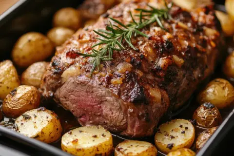 Jugoso pan de carne asado con patatas doradas y romero fresco.