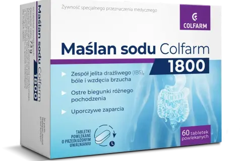 Maślan sodu Colfarm 1800 - tabletki powlekane o przedłużonym uwalnianiu na zespół jelita drażliwego, biegunki i zaparcia.