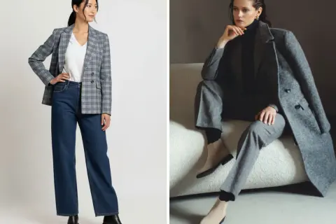 Due outfit donna con blazer e jeans o completo grigio, completati da eleganti chelsea boots.