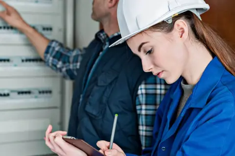 Technicy podczas odbioru instalacji elektrycznej. Kobieta w kasku notuje uwagi, mężczyzna wskazuje na rozdzielnicę.