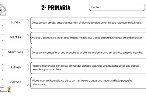 Planificador semanal de actividades para 2º Primaria, incluyendo dictados largos y otras tareas de escritura y comprensión.