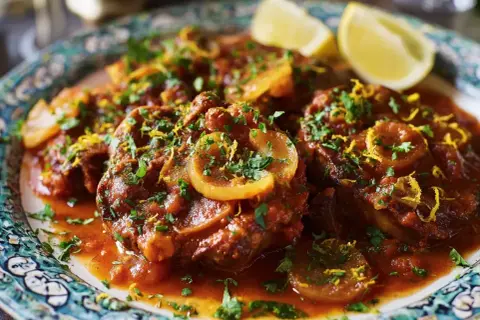 En tallrik med mustig osso buco, garnerad med citron och persilja.
