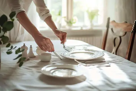 Mains ajustant la position des couverts à la fin du repas, sur une table dressée avec soin.