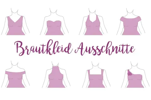 Illustrationen verschiedener Brautkleid Ausschnitte: V-Ausschnitt, Herz, Neckholder, schulterfrei, hochgeschlossen, Karree und asymmetrisch.
