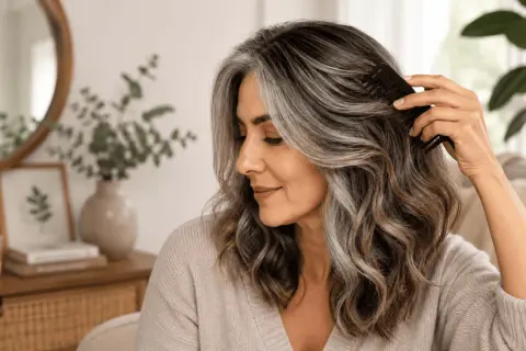 Mujer peinando su cabello con canas, pensando en cómo teñir pelo con canas en casa para un look renovado.